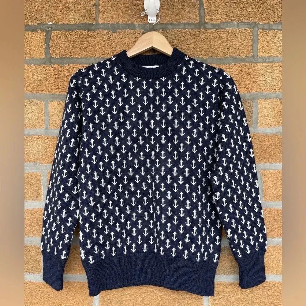 Kiel James Patrick Navy Blue and White Anchor Crewneck Sweater